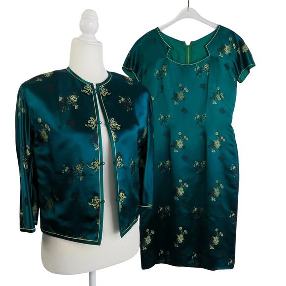 Vintage 1950s Cheongsam Dress with Jacket Emerald Sheath Dress Satin Medium - Picture 1 of 10